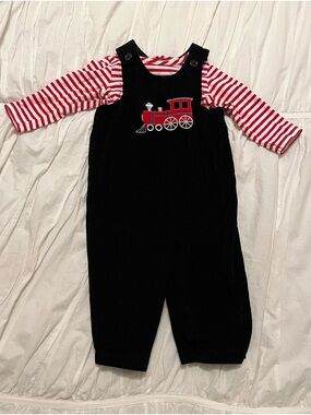 Good Lad Black Corduroy Overalls with Red Train Applique